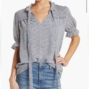 💎 Pleione Light Blue Floral Print Ruffle Lined Women's Blouse Large